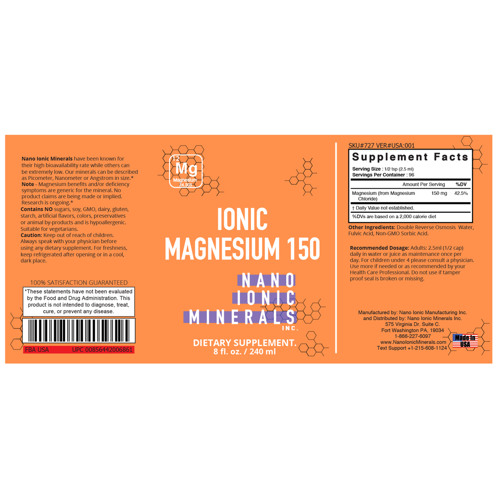 Liquid Ionic Magnesium 150 - (150 mg per serving, 96 servings) - 8 oz glass bottle